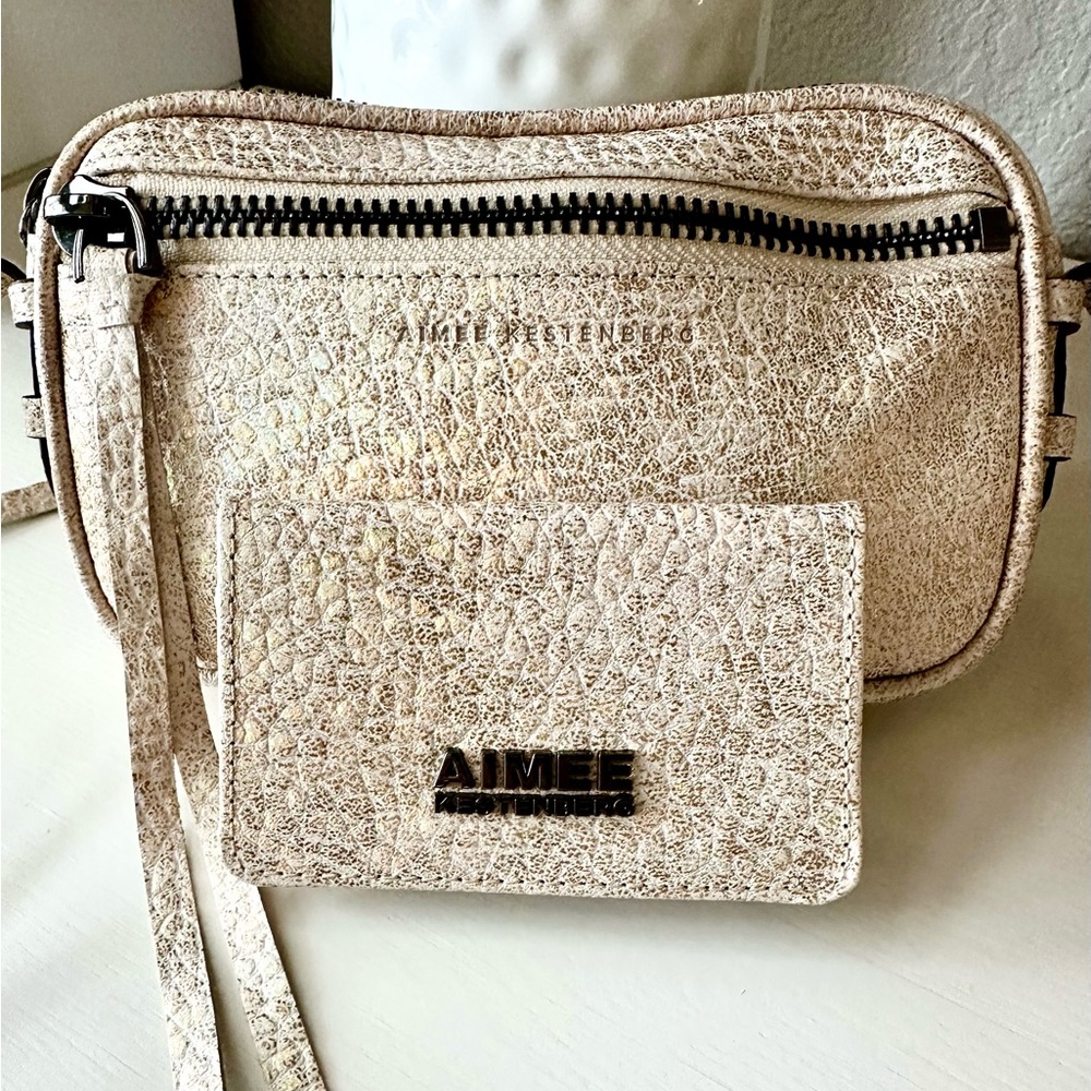 Aimee Kestenberg pink silver white iridescent crossbody purse with wallet